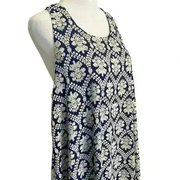 Buttons Women’s Racerback Sundress Size L Navy Cream Print Crocheted Hem Back - Picture 4 of 11